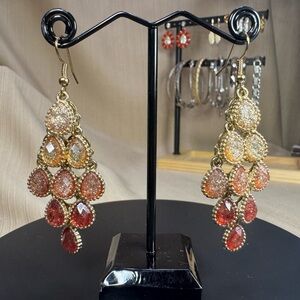 SUPER CUTE Gold and Red Chandelier Earrings with Glittery Gold Tone Accents